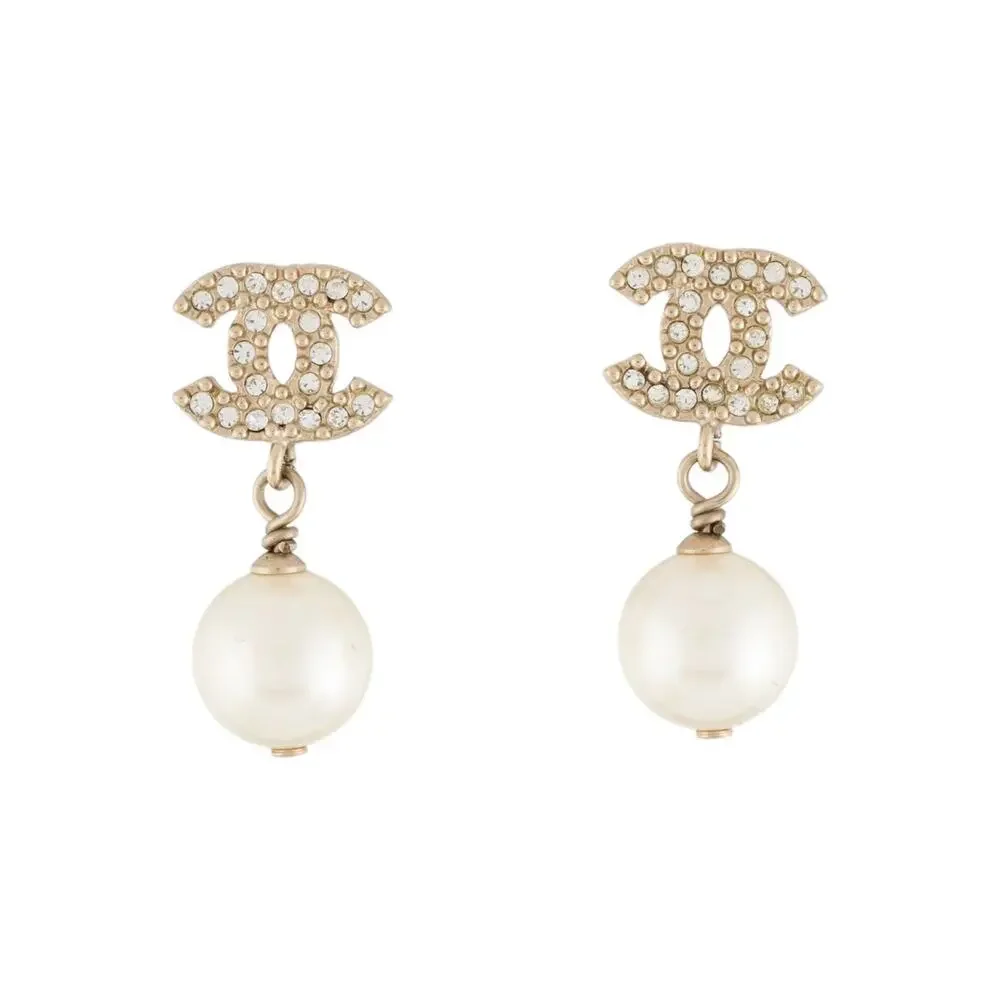 Chanel Faux Pearl & Strass CC Logo Drop Earrings